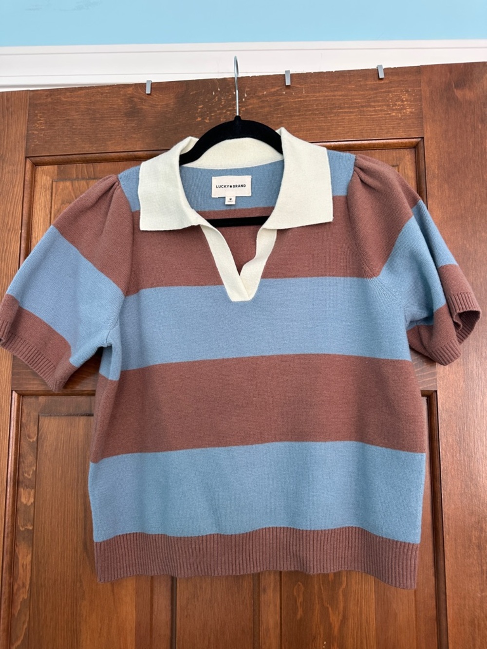 Lucky Brand Blue, Brown & Cream Striped Polo